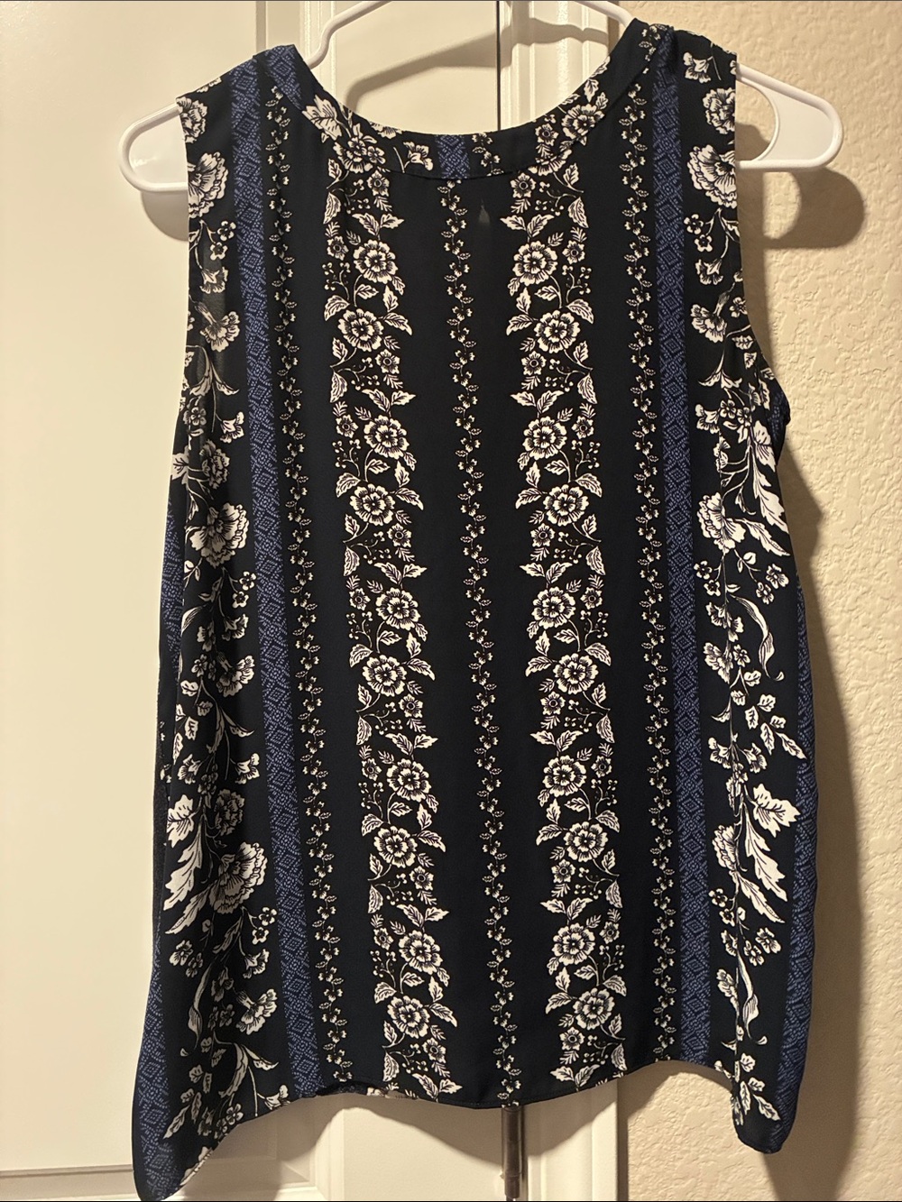 LOFT Navy Blue and White Floral Stripe Sleeveless Blouse
